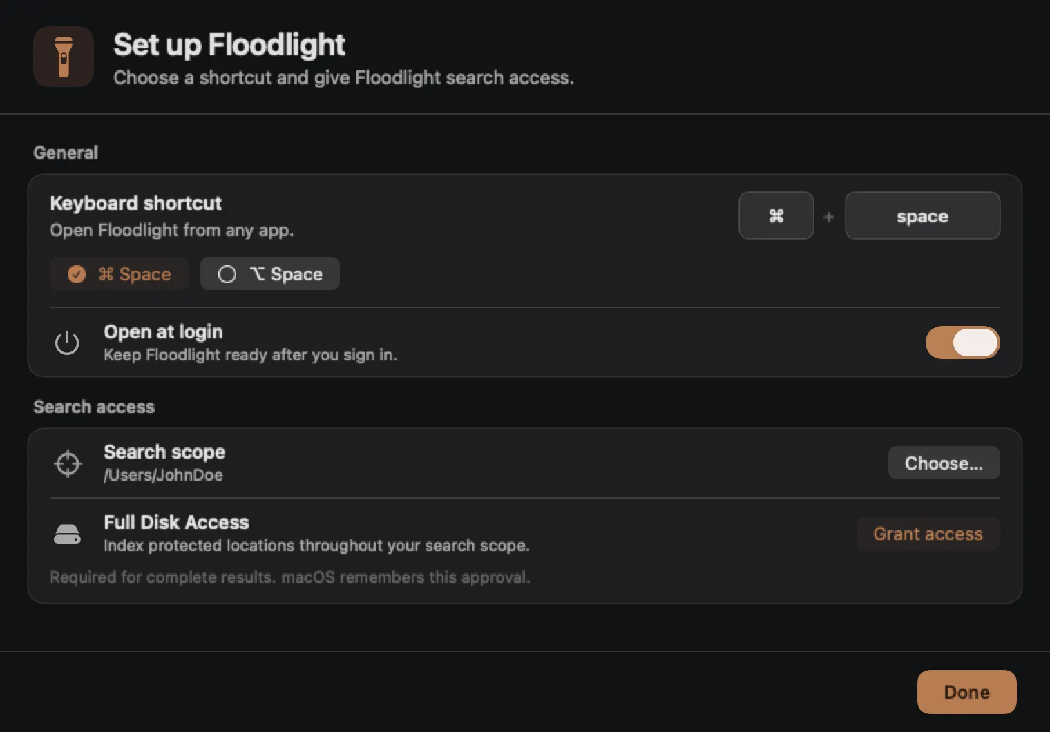 Floodlight setup window with controls for the keyboard shortcut, launch at login, search folder, and Full Disk Access.