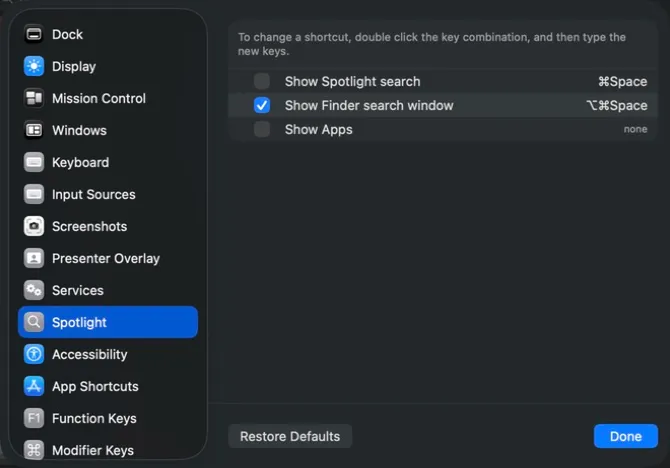 The Spotlight section of macOS Keyboard Shortcuts with Show Spotlight search turned off.