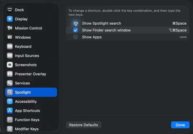 The Spotlight section of macOS Keyboard Shortcuts with Show Spotlight search turned on.